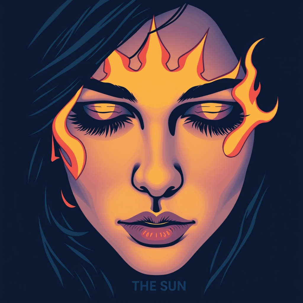 A tee shirt design featuring a close-up of a woman's face, inspired by the sun. It should convey a sense of passion with whipping flames as accents, while maintaining a cool, almost sad color palette. Think deep blue with hints of purple. Overall, the design should look soulful, embodying the deep, passionate essence of the sun.