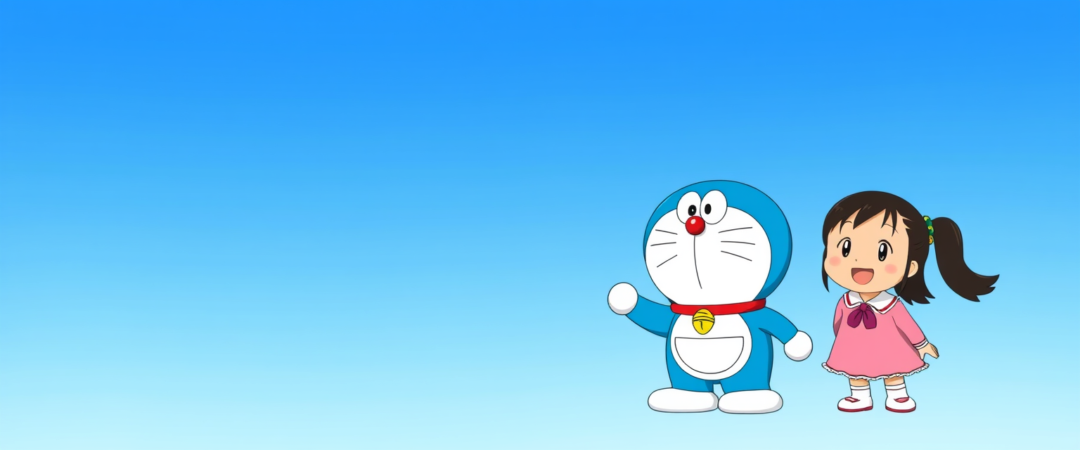 A background for LinkedIn profile, Pixar style, sky blue, Doraemon with Nobita and Shizuka.