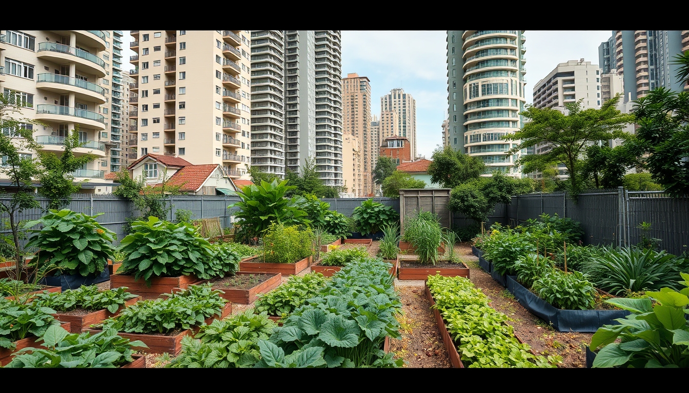 Urban farm or community garden amidst high-rise buildings, showcasing urban agriculture.