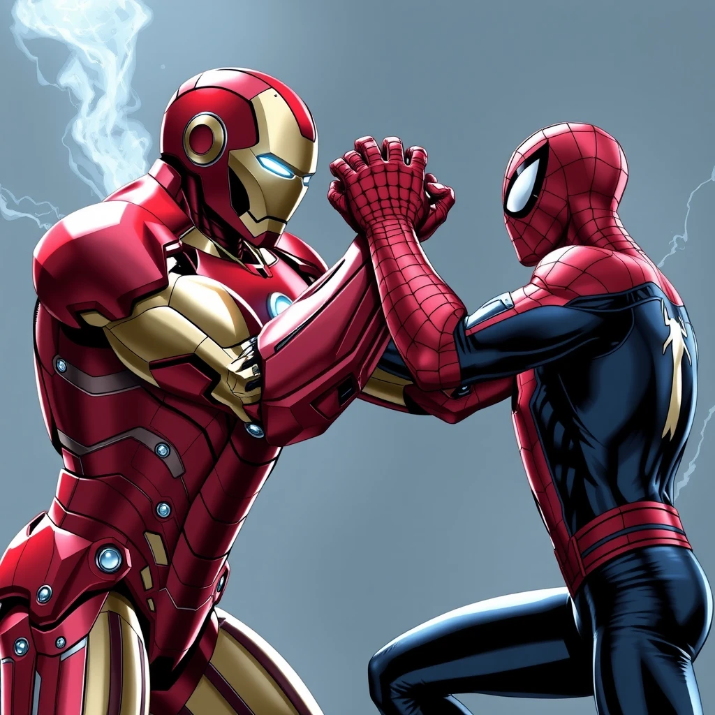 Iron Man arm wrestling Spider-Man. - Image