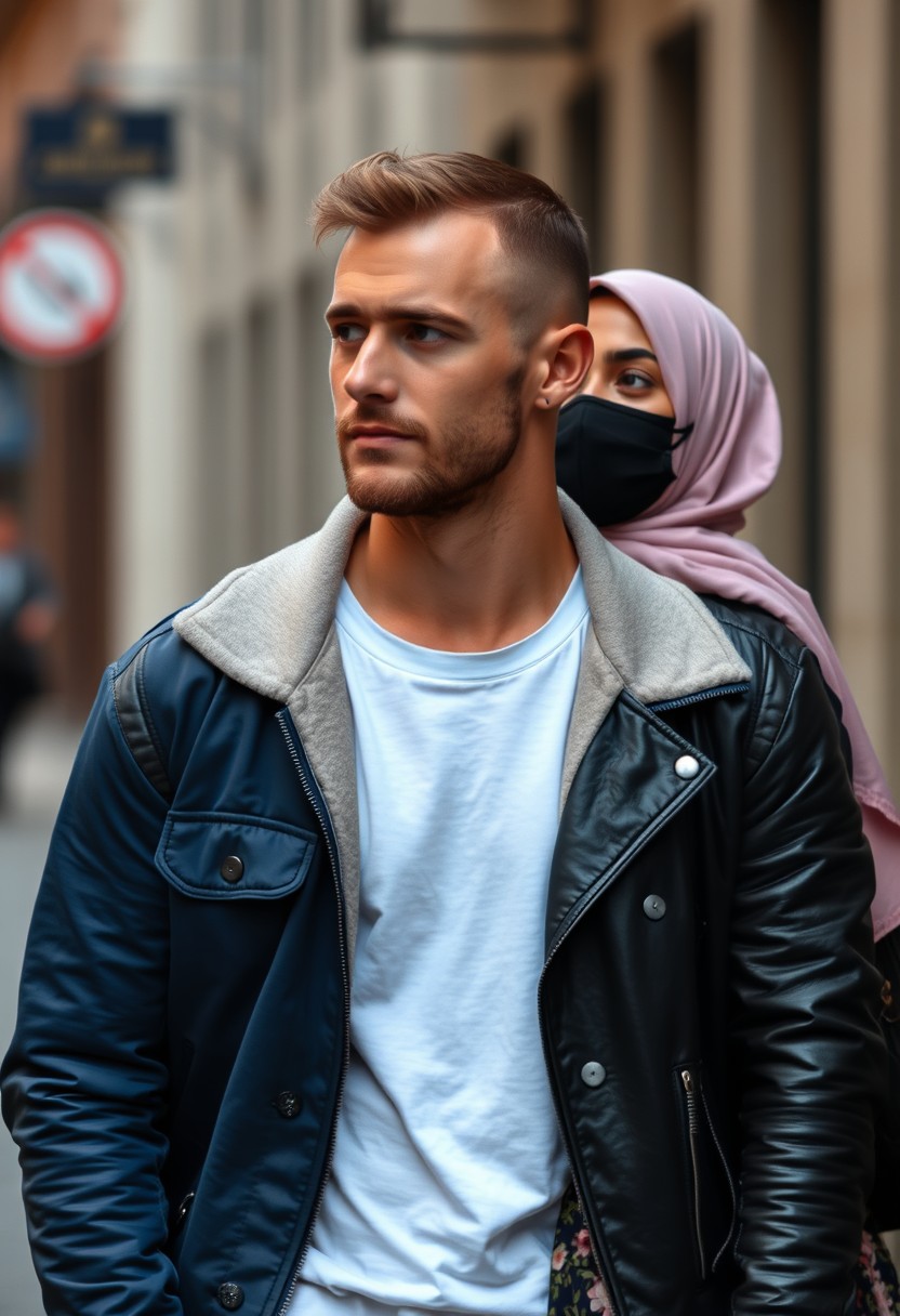 Jamie Dornan's head and body shot, handsome, young, shaved, white T-shirt, blue jacket, jeans, dating love with the biggest soft pink hijab, black leather jacket, black face mask, biggest floral skirt, hyper-realistic, street photography.