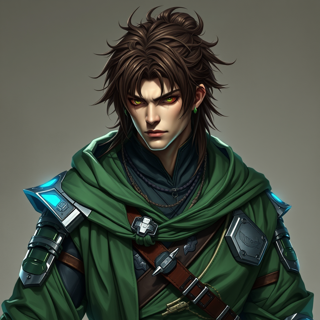 Cyber Samurai style of male warrior with rugged brown hair and cybernetic implants | merging armor/cloths with futuristic cyberpunk elements | flowing robes and high-tech armor plating | in green and blue. - Image