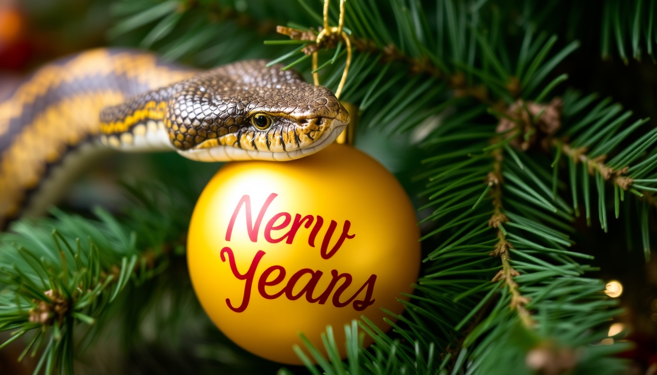 A snake and a yellow New Year's ball together with green branches of a Christmas tree.