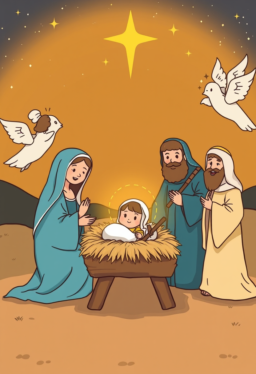 Illustrate the nativity scene with baby Jesus in a manger, surrounded by Mary, Joseph, angels, and shepherds under a starry sky. cartoon style, thick lines, low details, no shading. - Image