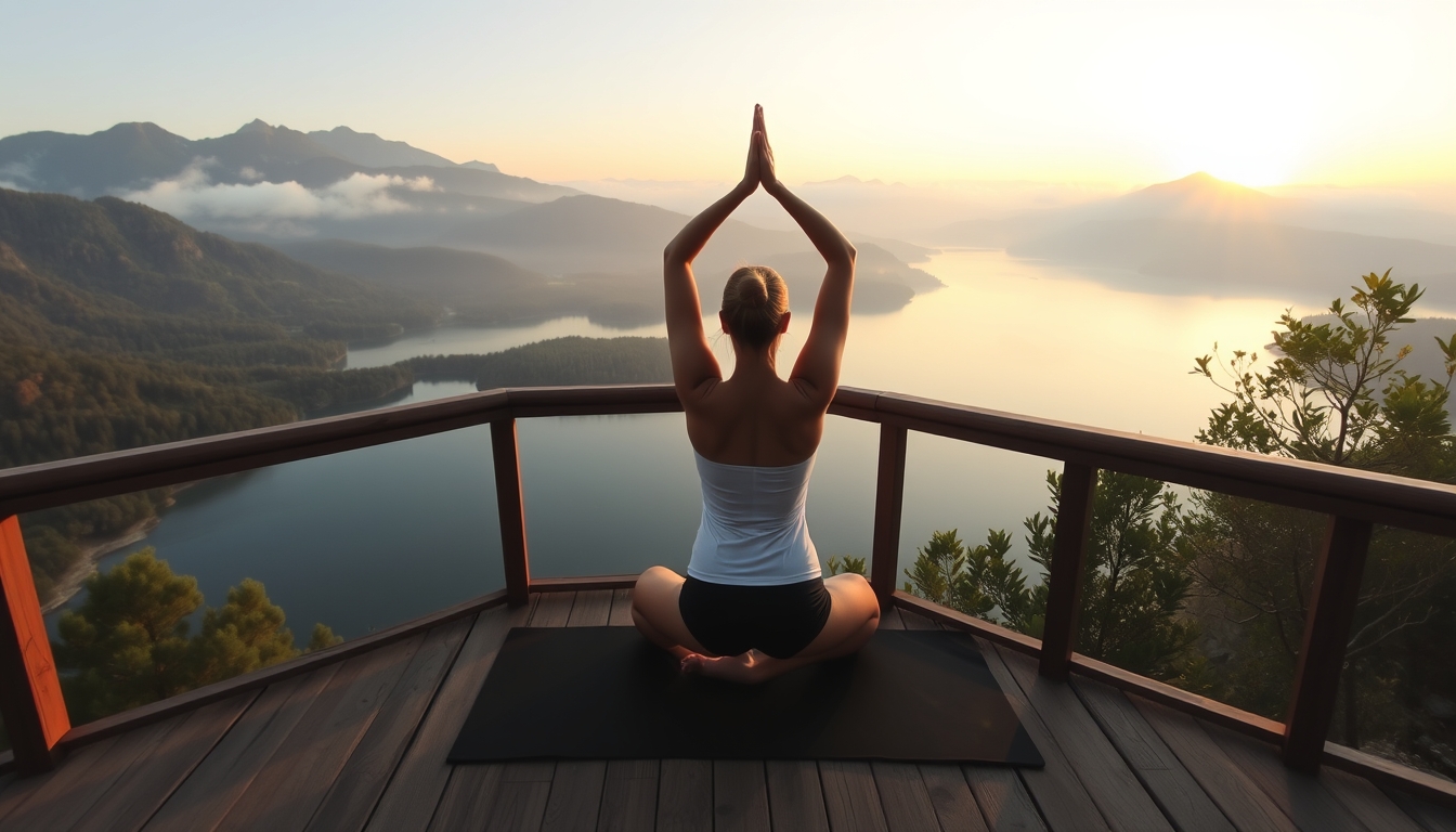 A serene landscape featuring a yoga practitioner on a wooden deck overlooking a tranquil lake, surrounded by misty mountains at sunrise. - Image