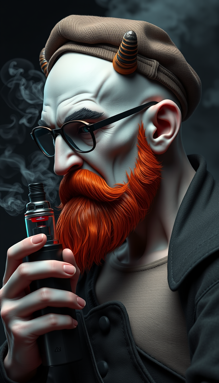 Three-quarter view of a sinister, bald human male with necromancer lich features. Demonic horns, short fiery ginger beard contrasts with dark eyebrows. Wears a weathered flat cap and aviator glasses. Clutches a sleek vape mod, exhaling dense, swirling vapor clouds. Vibrant e-liquid drips off his pale skin, creating a colorful aura. 3D render.