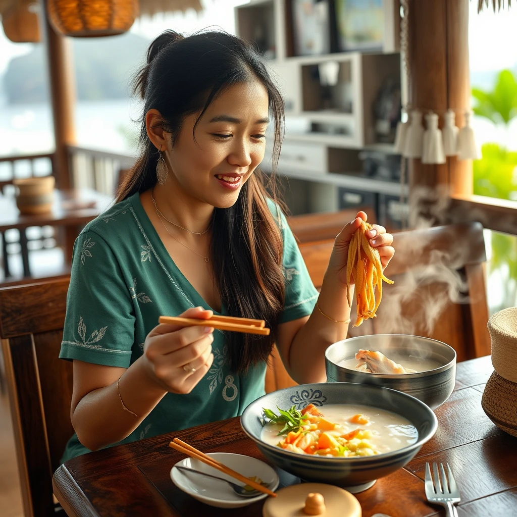 Breakfast Time Woman at island restaurant, savoring fresh seafood, steaming hot porridge, authentic island breakfast, taste buds leading the journey, photorealistic style