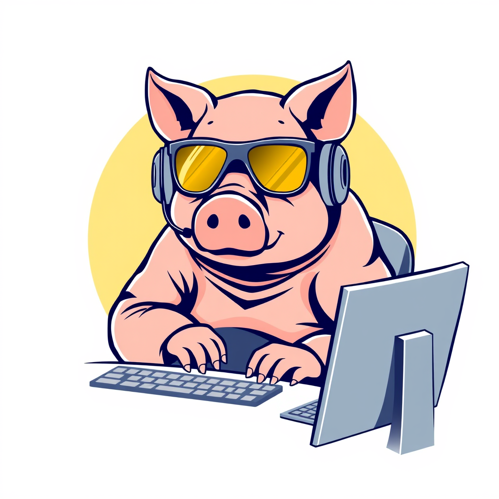 A tech-savvy pig coder, wearing retro yellow-tinted aviators and stylish noise-cancelling headphones, hunches over a state-of-the-art curved multi-monitor setup. The anthropomorphic pig exudes focus, typing furiously. Design a minimalist, vector-style logo for Samkemp55, emphasizing clean lines and a futuristic feel. - Image