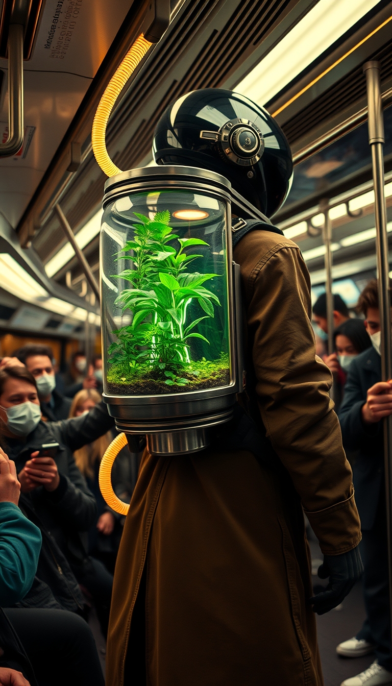 Image of a humanoid octonaut wearing a long jacket in a crowded subway train, with a transparent, cylindrical backpack terrarium filled with neon lush greenery and small plants. The terrarium features metallic accents and a neon hose connected to it, giving it a futuristic appearance. The subway is filled with human passengers, many of whom are wearing masks and holding onto the handrails. The setting is busy and urban, highlighting a contrast between the natural elements in the terrarium and the modern, bustling environment. --ar 3:4 --style raw --s 750 --v 6.0 golden hour.