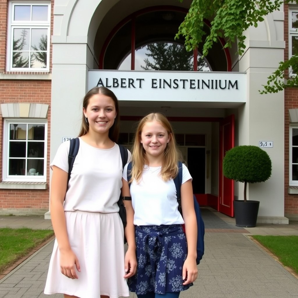 Create a photo: Two girls from the 6th grade are standing in front of the Albert Einstein Gymnasium in Duisburg.