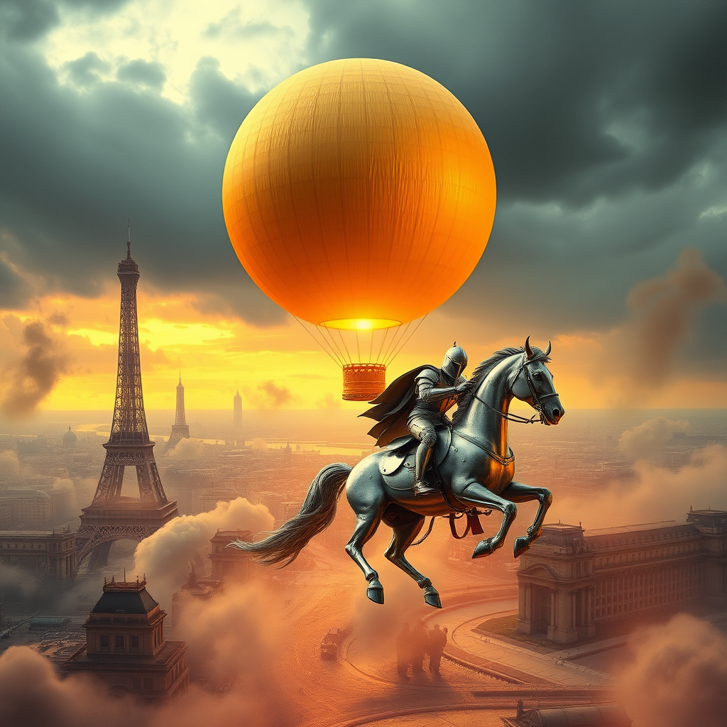 A giant perfect gold sphere with a fiber texture flies above in the sky with a giant flame underneath to elevate the sphere like a hot air balloon, floating over vintage Paris in the style of the Universal Exhibition of 1900, with a retro-futuristic aesthetic of the Eiffel Tower. Giant waves flood the city as a knight of the apocalypse rides a silver mechanical horse clad in silver armor, galloping through the water under a stormy sky, depicting doomsday and the apocalypse in a steampunk style. The scene features backlighting, mist, and fire embers, creating a pop-rock fluorescent collage of sci-fi steampunk machinery with extra dust particle clouds, rendered in octane, and infused with paper art and ink art reminiscent of Méliès and Jules Verne. - Image