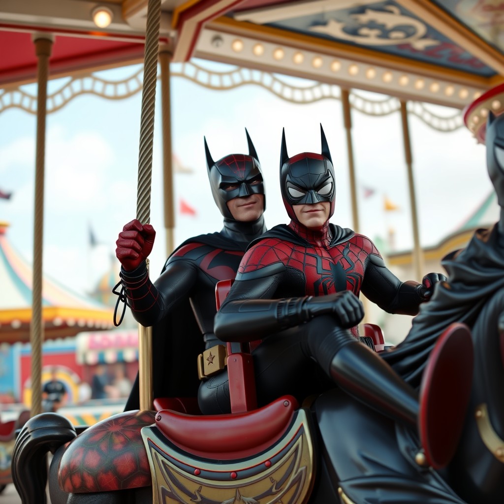 Realistic-style Batman and Spider-Man enjoying a carousel ride together at an amusement park.