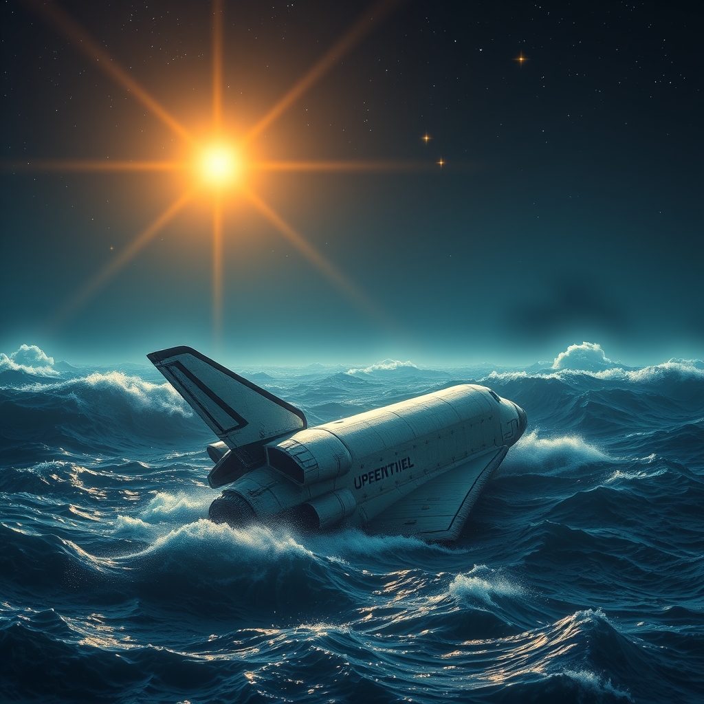 an ultra realistic scene depicting an old space shuttle half submerged and drifting in a blue stormy ocean in the night with bright golden stars shining above