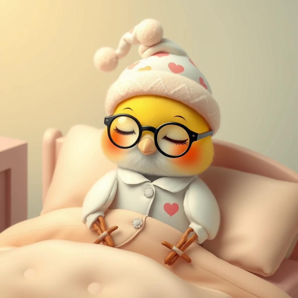 "Realistic image of a sweet little cute Kawaii bird with glasses and a hat, wearing a beautiful pajama and a sleepy hat, happily sleeping in its cute little bed."