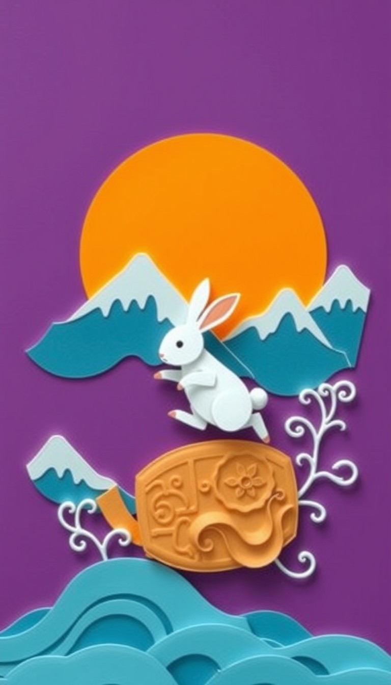 A white rabbit jumps on a mooncake, with a purple background, blue mountains, an orange moon, in a paper-cutting style, with layers.