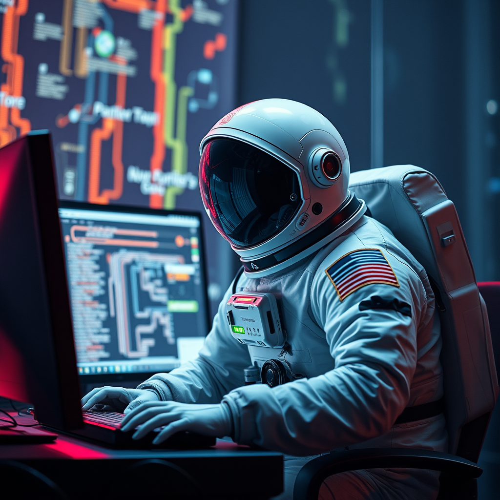 An astronaut hacker at a computer in a cinematic 8K. - Image