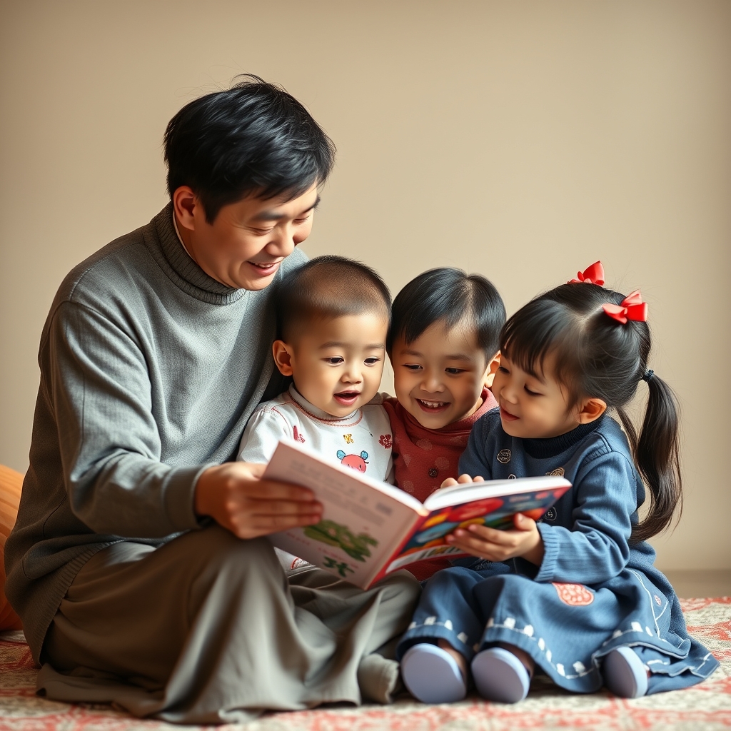 Chinese parents reading with their children. - Image