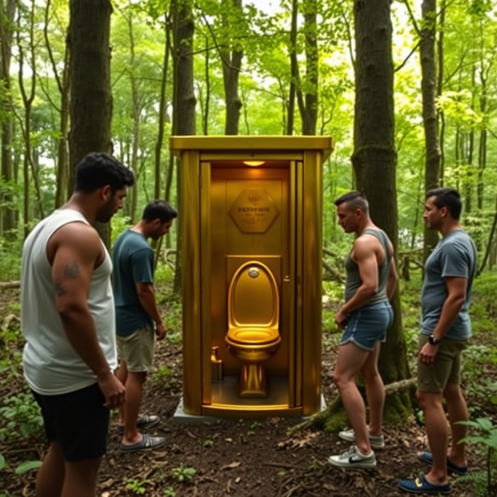 In the forest, there is a gold toilet, and several well-built individuals are studying how to use it.