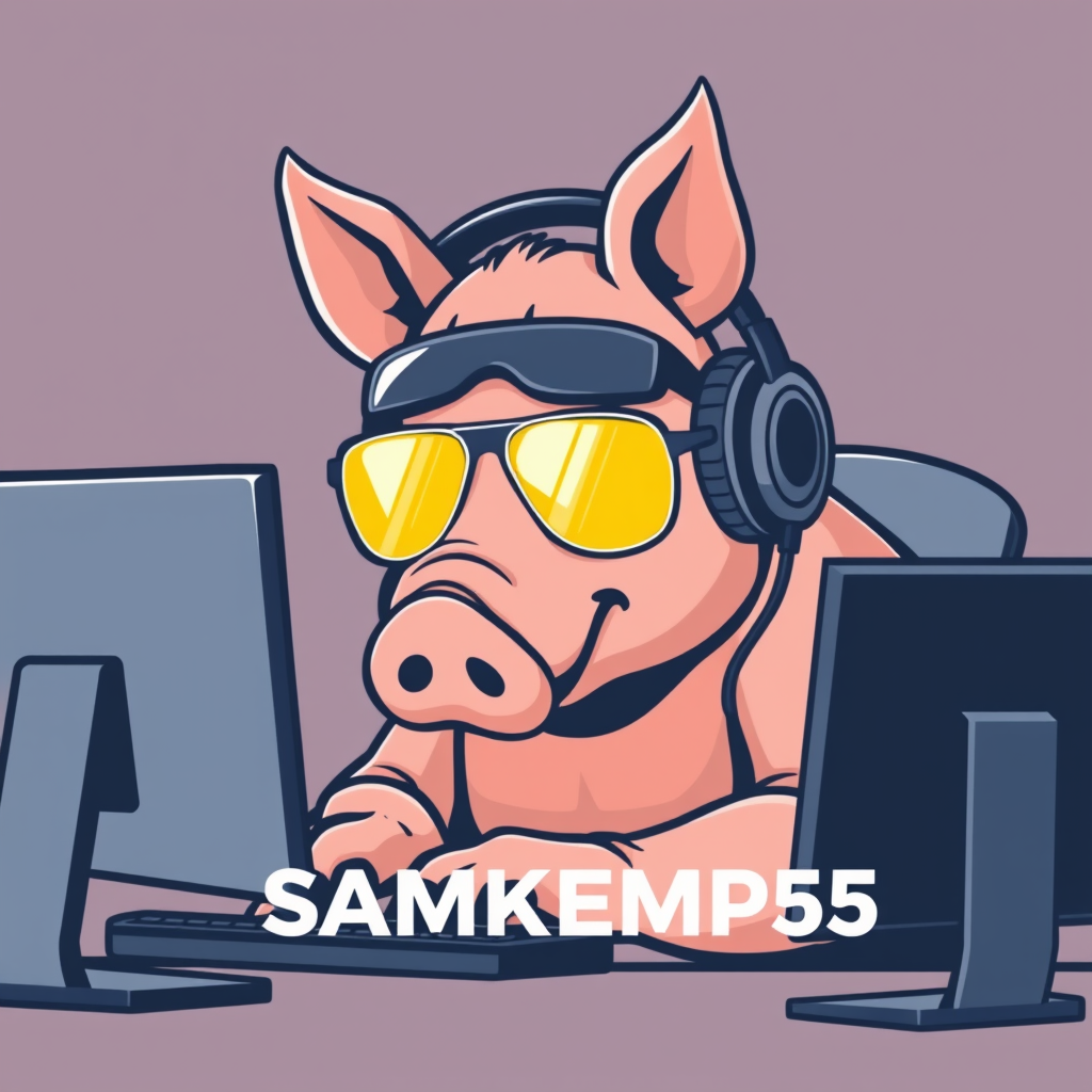 A tech-savvy porcine coder, donning retro yellow-tinted aviators and sleek noise-cancelling headphones, hunches over a cutting-edge curved multi-monitor setup. The anthropomorphic pig exudes focus, typing furiously. Design a minimalist logo for "SAMKEMP55", emphasizing clean lines and a futuristic feel. - Image