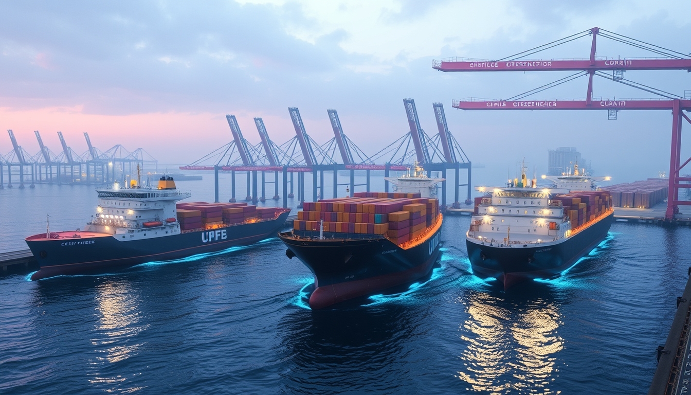 Autonomous cargo ships in a smart port, depicting the future of shipping. - Image