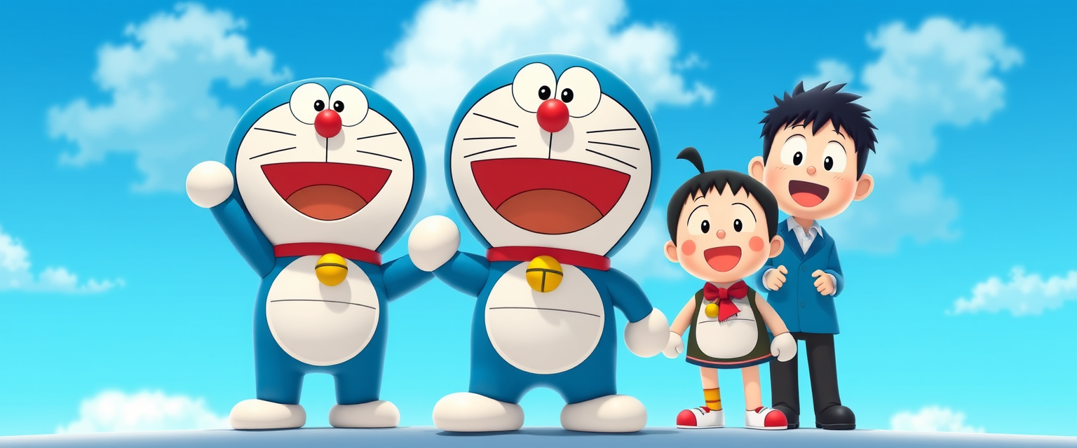 A background for LinkedIn profile, Pixar style, sky blue, Doraemon and his friends Nobita Shizuka.