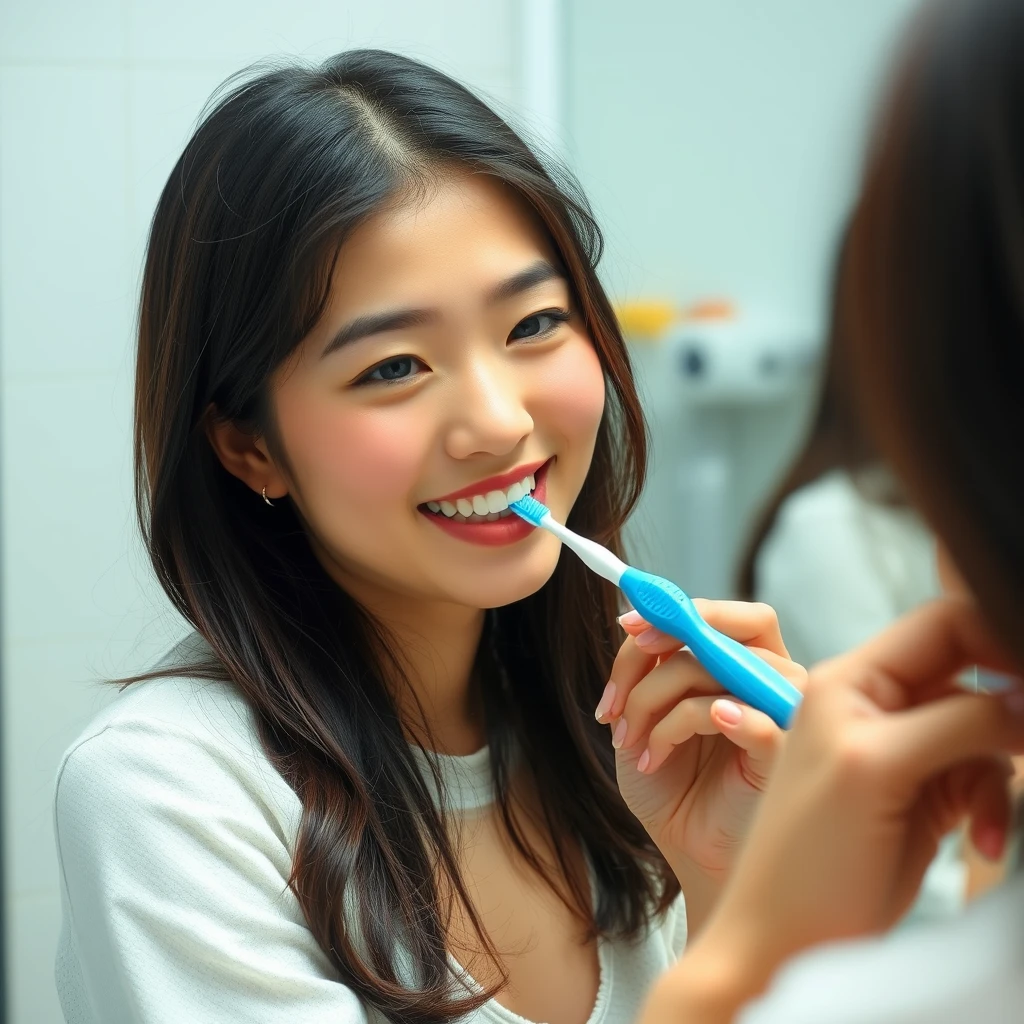 A young woman is brushing her teeth while looking in the mirror. Notice, she is Chinese.