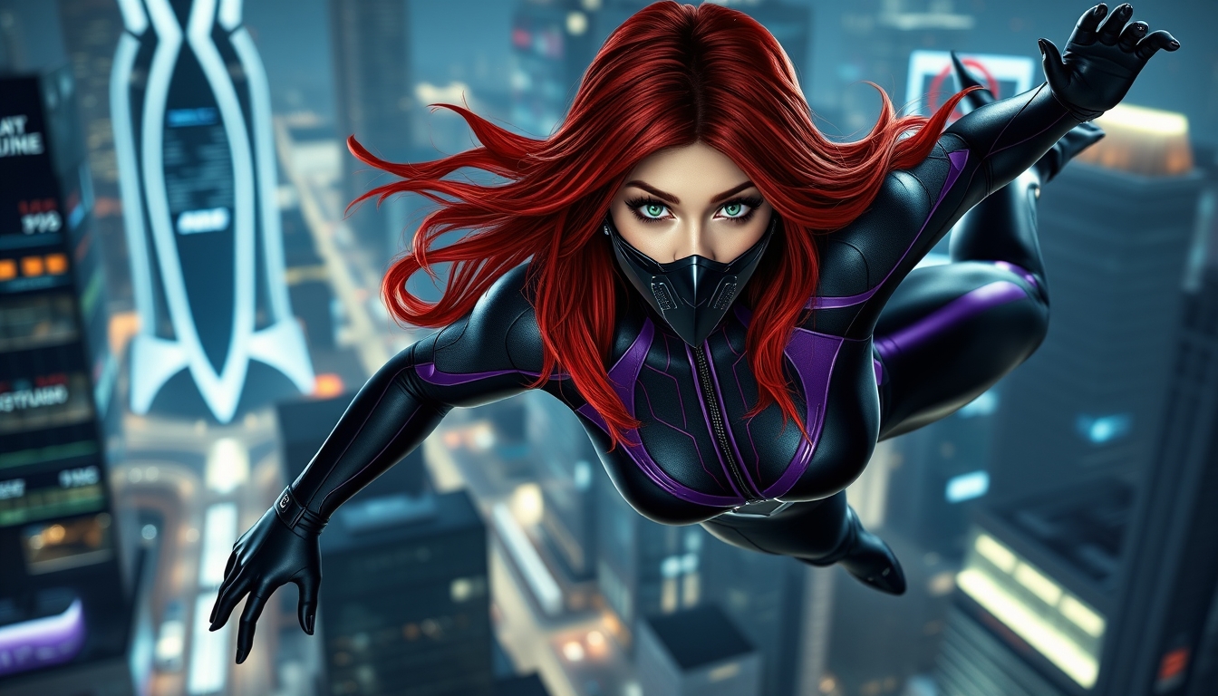 I used Flux AI Image Generator to create this image of a woman with red hair and green eyes. She's wearing a skin-tight black and purple spandex suit. The suit has a high collar and long sleeves. She's wearing a black metallic mask and gliding through the air. We can see every detail of her outfit from head to toe, including her boots. The background is a futuristic city. I love this image; it's like something out of a fantasy movie. nighttime. - Image