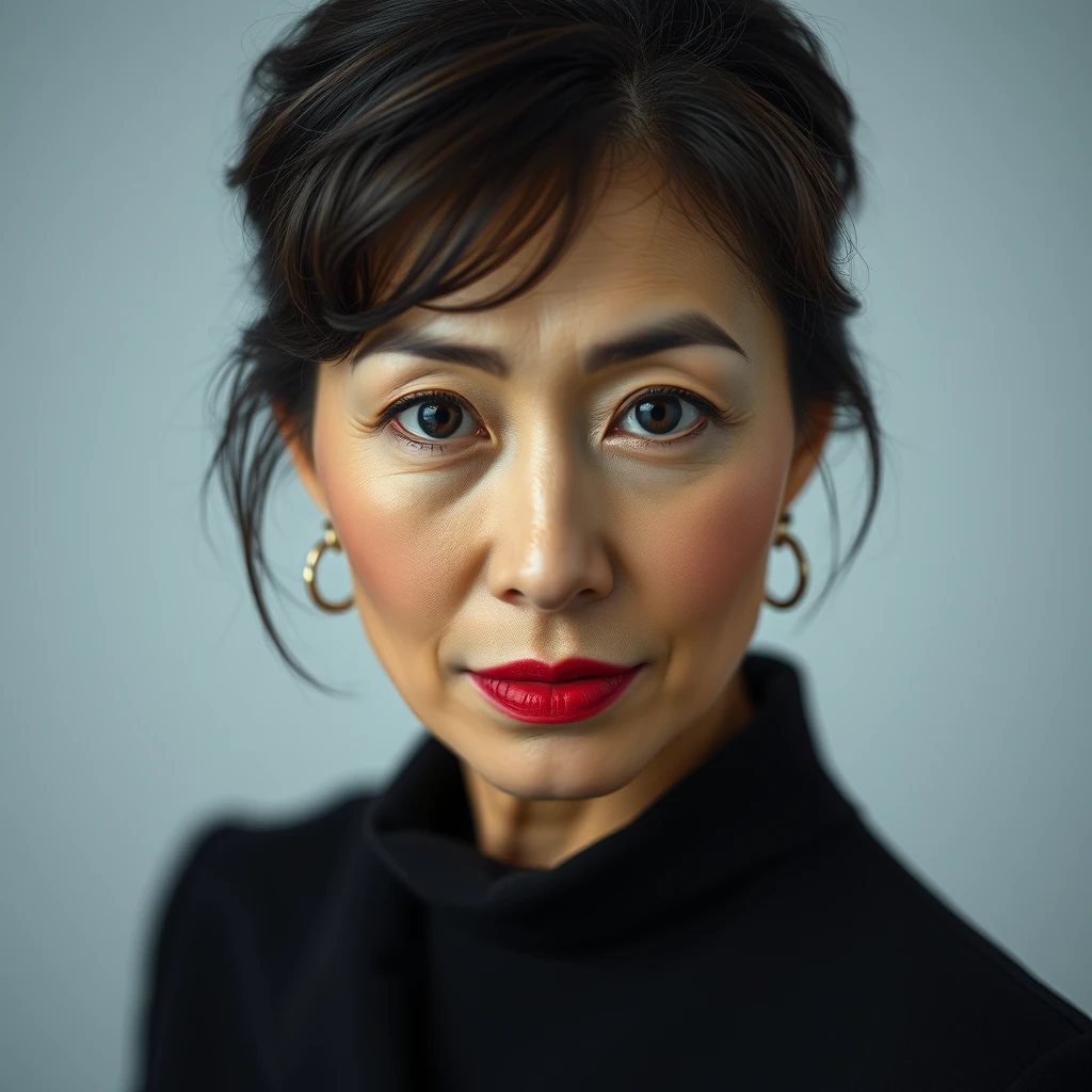 A striking, full-body photograph of a 58-year-old Korean woman exuding confidence and elegance. Her flawless skin and captivating piercing eyes draw the viewer in.