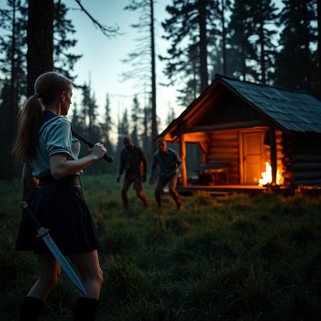 Real-life photography, wide shot: In the evening, in the forest, there is a wooden cabin, and not far away, a female barbarian wearing a school uniform skirt is holding a dagger, looking at two zombies in the distance. The zombies are dressed. The cabin is on fire.