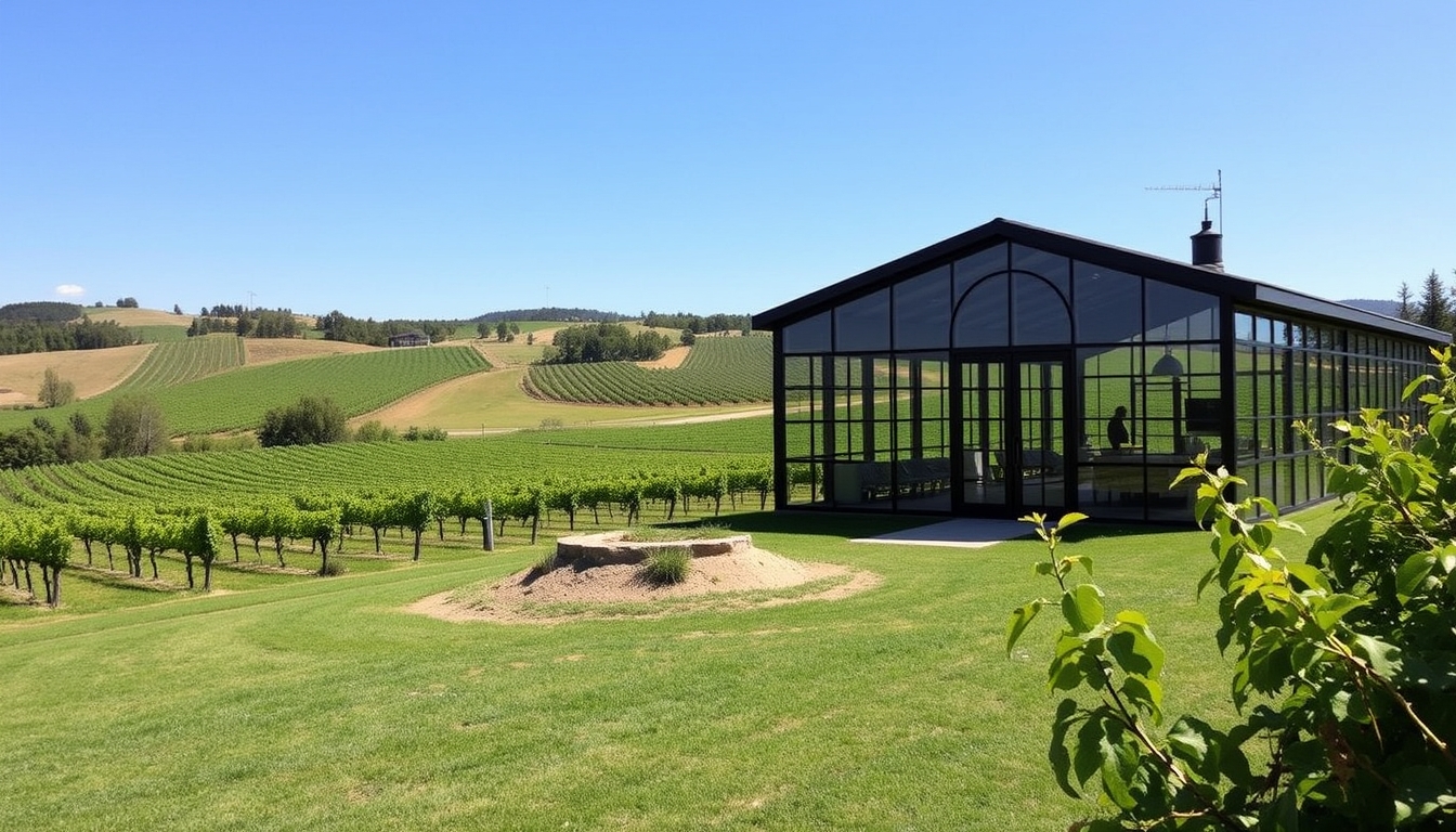 A picturesque vineyard with a glass-walled tasting room overlooking the grapevines.