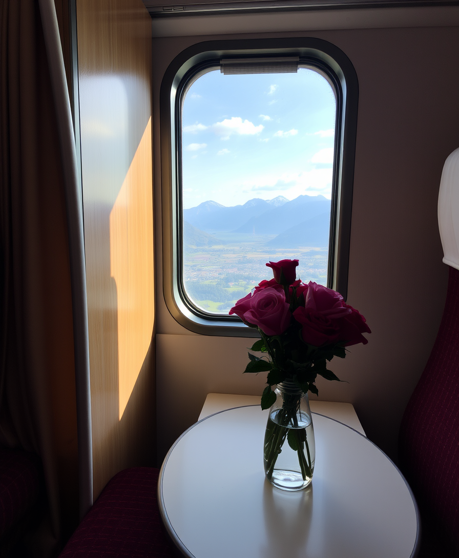 A cozy compartment, a bouquet of roses sitting on a table, stunning view outside the window. - Image