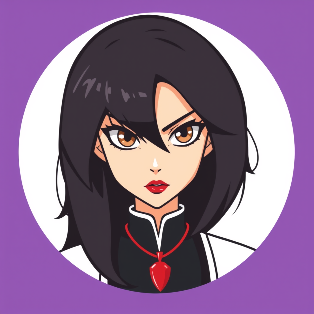 A basic simple vector logo of a beautiful female character with hazel brown eyes, long, dark black hair, wearing a black and white outfit with a red pendant necklace, and serious face with red lipstick, on a purple background. - Image