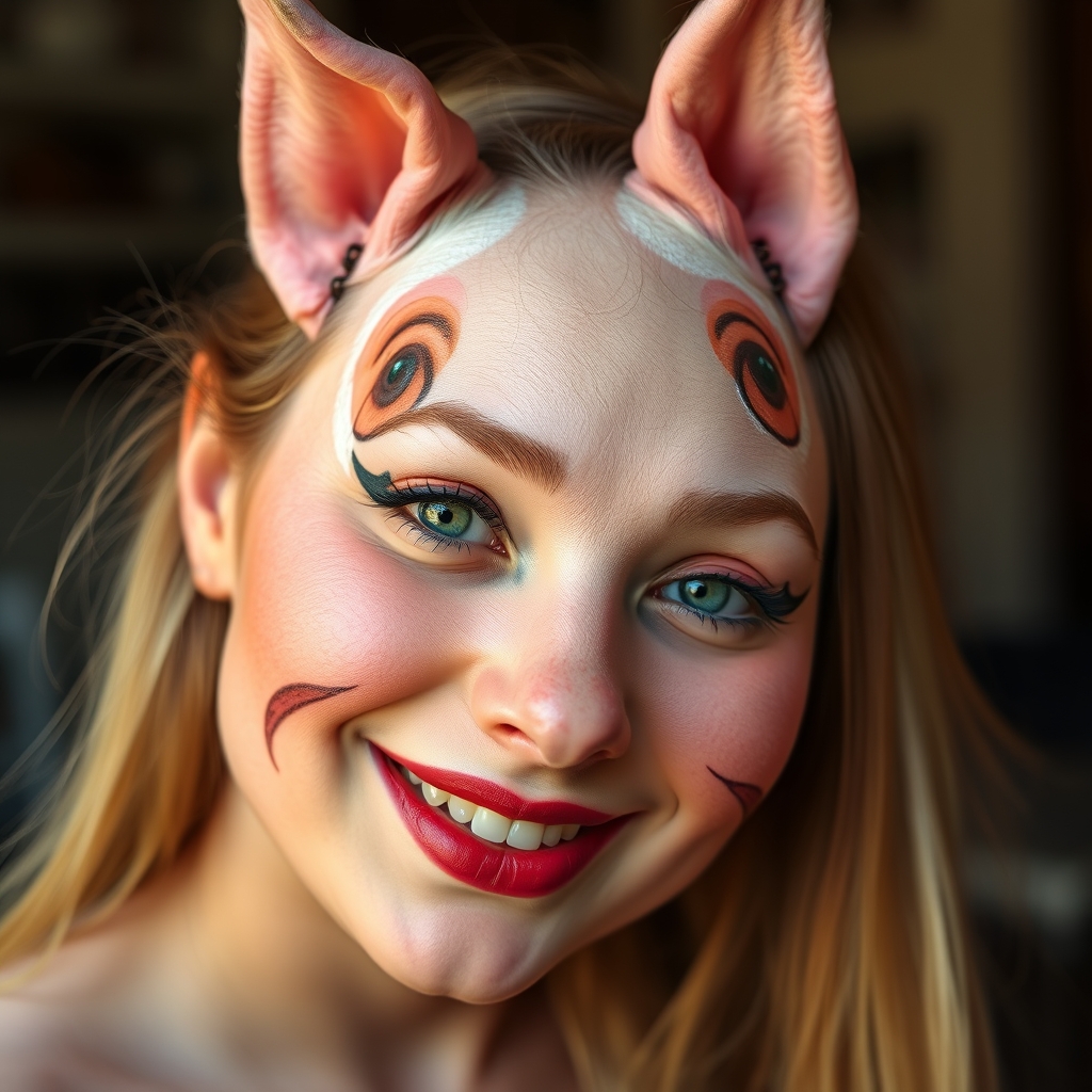 A pretty girl with a pig's head of face makeup - Image