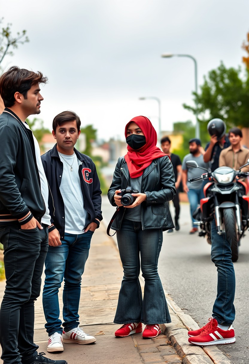 Jamie Dornan and Freddie Prinze, head and body shot, handsome, young, serious face, dark brown hair, white T-shirt, college jacket, skinny jeans, sneakers, standing, discussing with two guys and a short, slim Muslim girl wearing a red hijab, beautiful eyes, black face mask, black leather jacket, grey long T-shirt, bell-bottom jeans, red sneakers, holding a Canon DSLR camera, near a town road, superbike, hyper-realistic, street photography, brick wall, full-body photo, five other random smiling friends in the background.