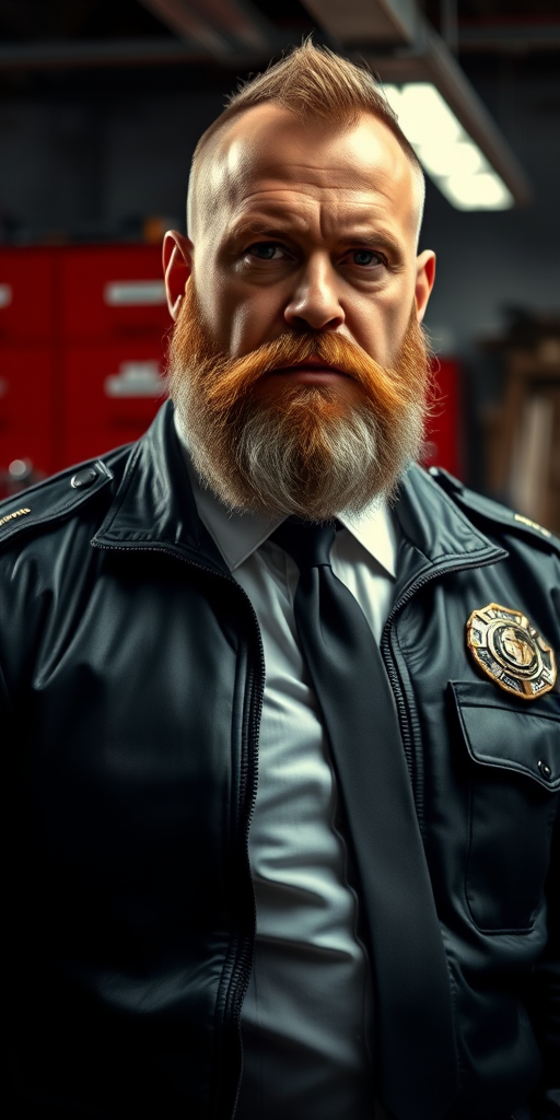 A high-resolution portrait of a huge muscular, bearded 60-year-old male police officer in a dimly lit garage. He wears a tight black leather jacket with police insignia, over a white shirt and black tie. His serious expression contrasts with blurred red metal cabinets and a motorcycle in the background, enhancing the industrial atmosphere.