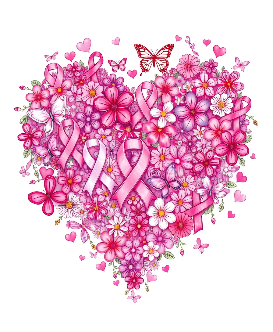 Create a vibrant and uplifting illustration of a heart made up of various pink breast cancer awareness ribbons, butterflies, flowers, and hearts. The design should be colorful, predominantly using shades of pink, and arranged in a way that forms the shape of a heart. The style should be detailed and celebratory, symbolizing hope, support, and awareness for breast cancer.