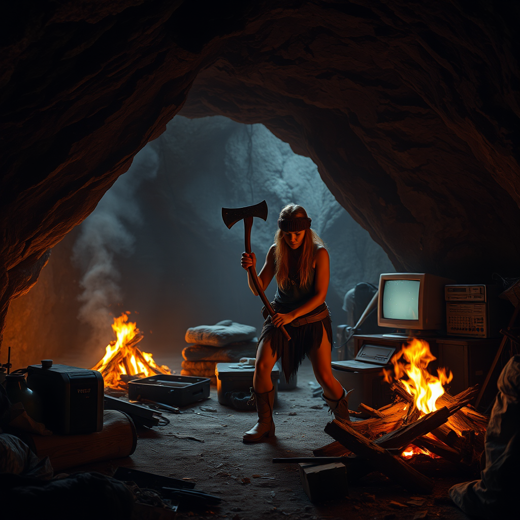 Real-life photography: At night, in the cave, there is a female barbarian chopping wood with an axe. The cave is very large, with a bonfire, a 90s desktop computer, and some messy household items.