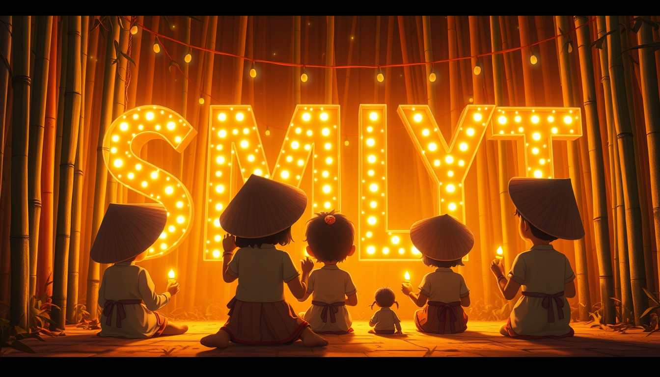 Create a digital illustration in the style of an animated movie scene. Show a group of children sitting on the ground, viewed from behind, facing a large illuminated sign that reads 'SMLYT'. The sign should be made of twinkling lights against a warm, glowing background. Set the scene in a lush bamboo forest with string lights hanging among the bamboo stalks. The children should be wearing traditional Southeast Asian clothing, including conical hats, and holding small candles or lights. Use a warm color palette dominated by oranges and yellows. The overall atmosphere should be magical and enchanting, with a soft, painterly style. Include details like the texture of the bamboo and the glow of the lights reflecting off the children's faces and clothing.