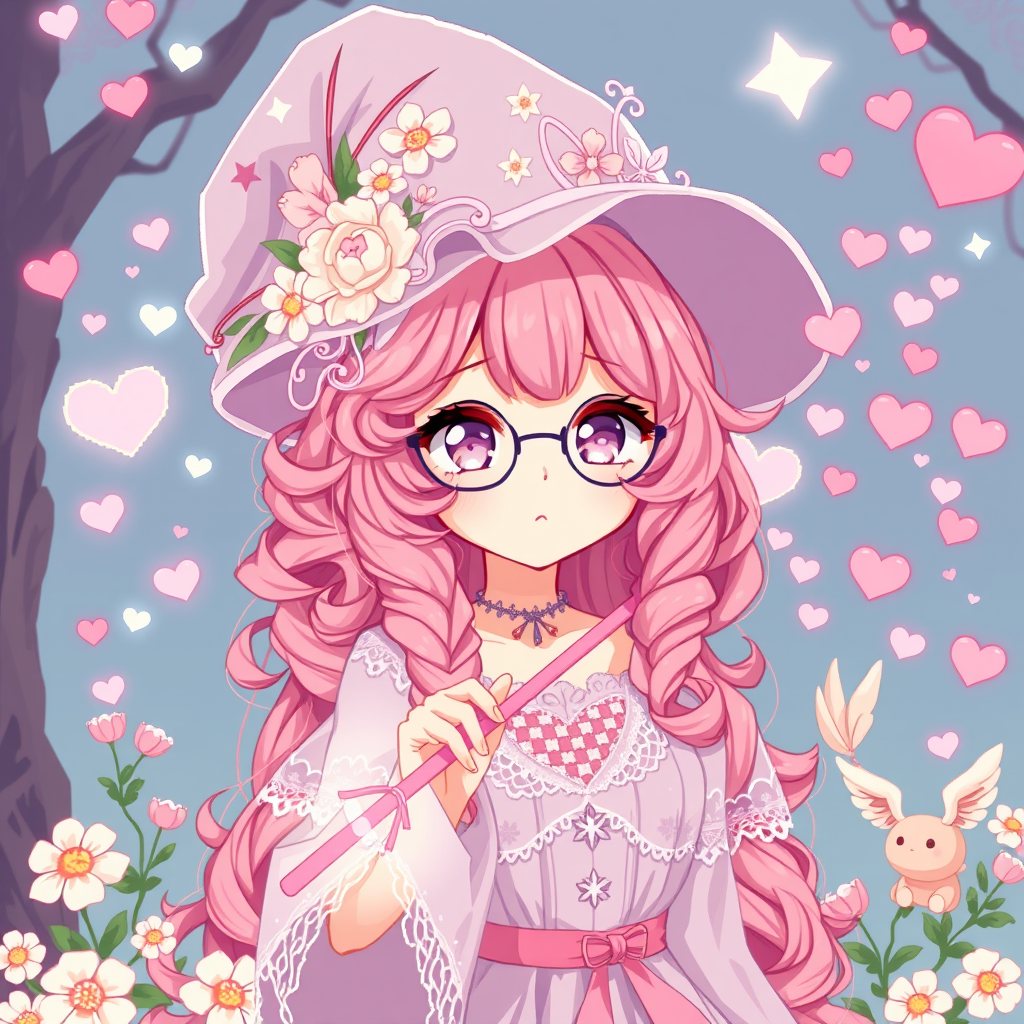 The presented style is pixel art featuring an anime girl with long curly hair dyed in pink. The girl has bright, shining light pink eyes and fair skin in the presented pixel art style. She wears round glasses and a loose, transparent wizard hat adorned with flowers. Her clothing is decorated with stars and lace elements. Holding an exquisite pink magic wand, she performs spells, conjuring numerous flowers and hearts. The scene is filled with magical elements, and nearby, there are a few small flying angelic pig wings. Overall, it resembles a cute magical game.