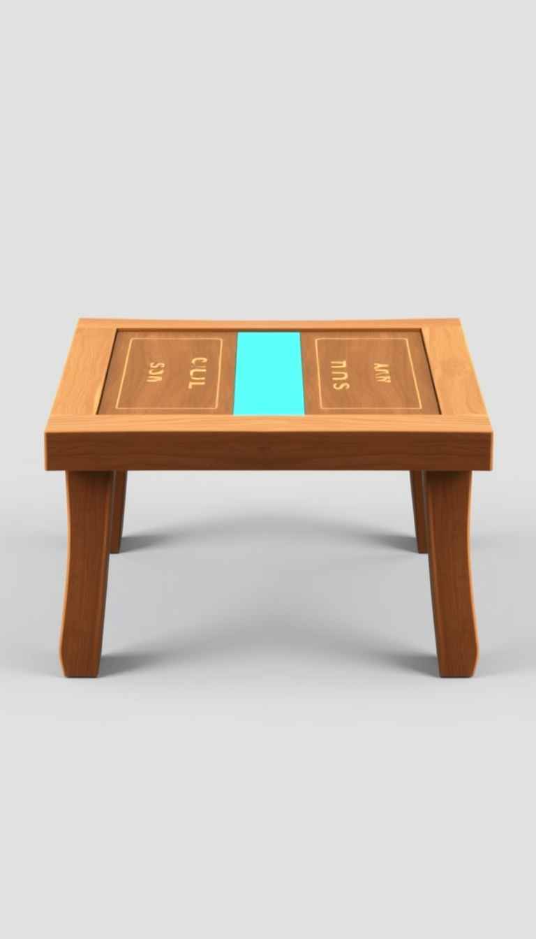 The image presents a 3D rendering of a table. The game table, made of wood, is the central focus of the image. It is a square table with legs, the top has a multicolor border and the middle part is aqua blue. The background is normal, the overall mood is playful, suitable for digital game art. - Image