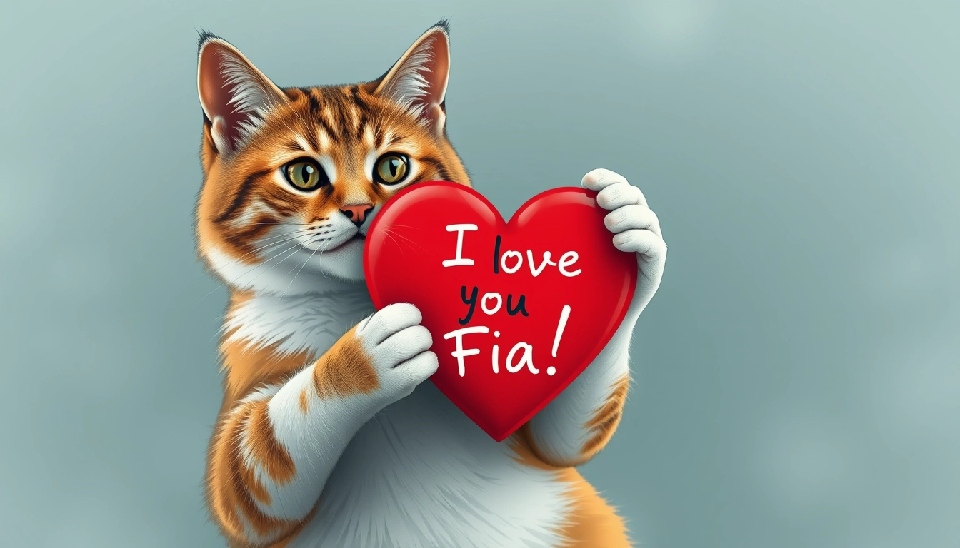 A cat holding a heart on which it is written "I love you Fia!"