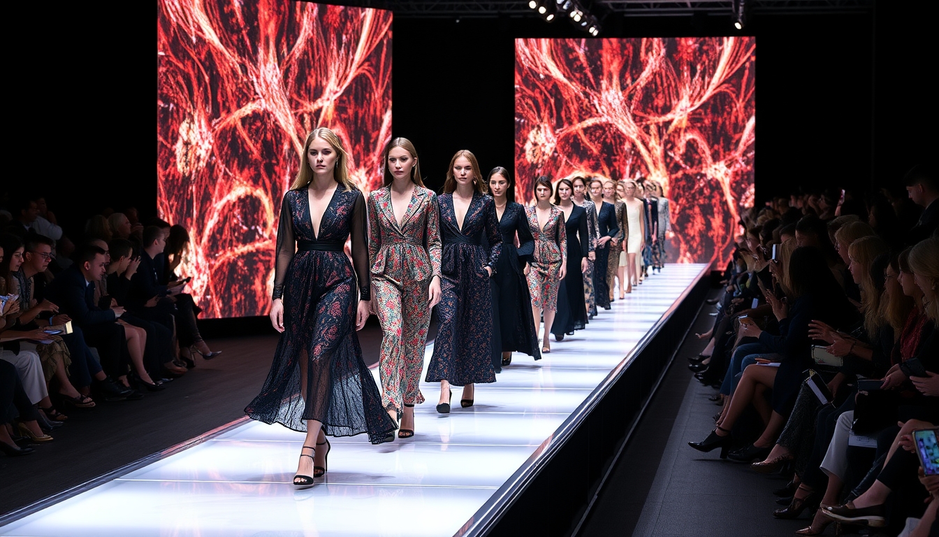 A high-end fashion show with models walking down a glass runway.