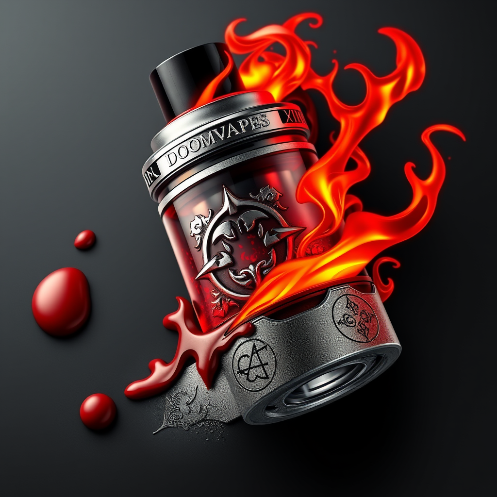 Hyper-realistic logo design for DoomVapes: Intricately detailed metallic vape tank, engraved with infernal motifs. Hellfire wisps curl around the device. Blood-red liquid seeps through cracks. Chthonic symbols etched on sleek surface.