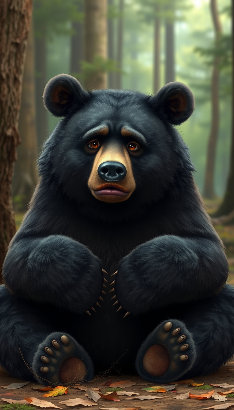 Photorealistic, fat black bear. Sitting in the forest. Big paws held forward. Expression of disgust. - Image