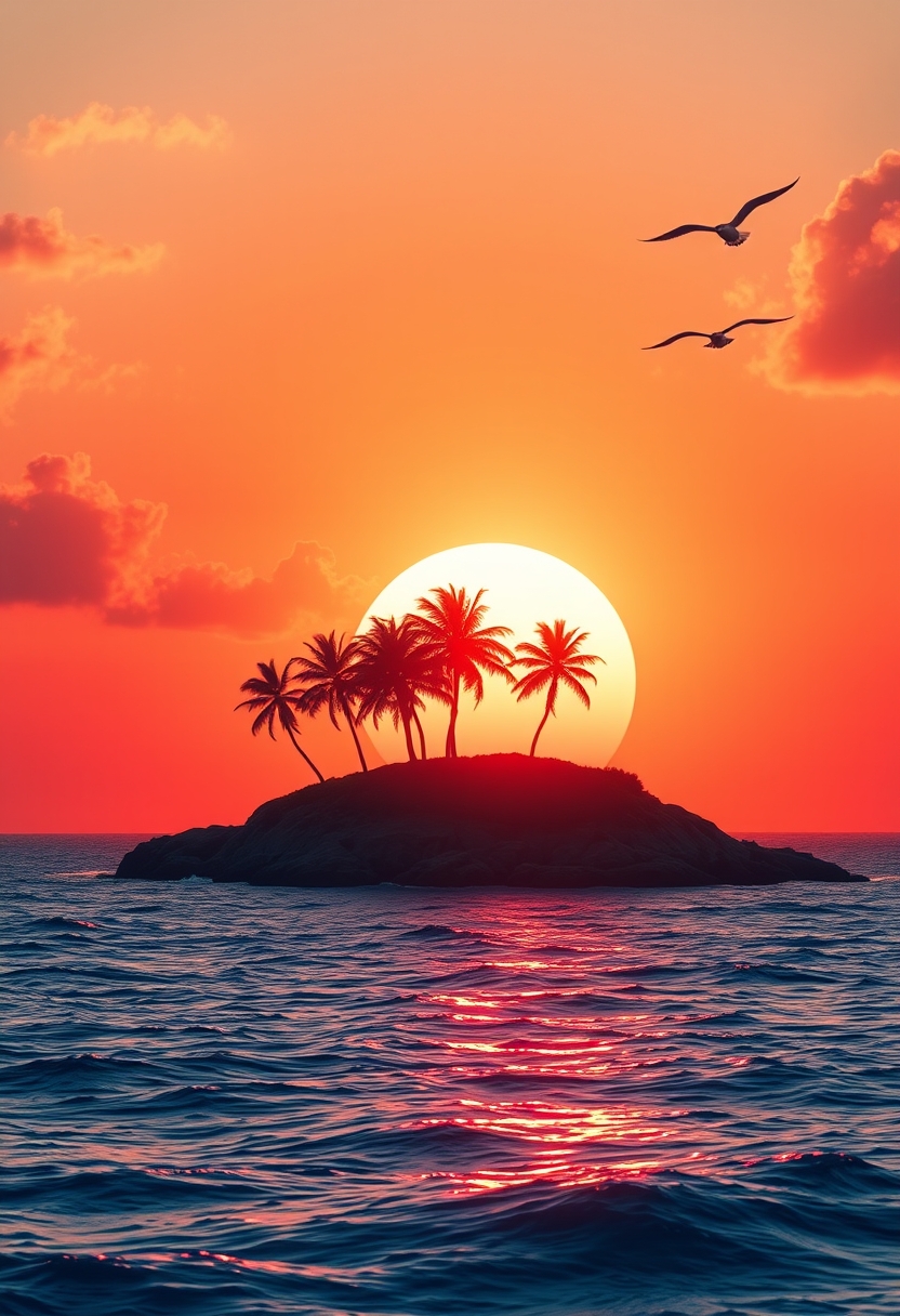 A beautiful view of a small island in the middle of the ocean, with some palms in the center of the island, at sunset, with suns in the background. The suns reflect on the ocean, the sky has reddish shades, some clouds are in the sky, and some seagulls fly in the sky.