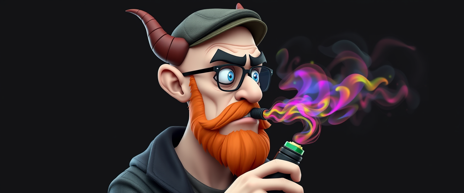 Three-quarter view of a sinister, bald cartoon human male with necromancer lich features. Demonic horns, a short fiery ginger beard contrasts with dark eyebrows. Wears a weathered flatcap and aviator glasses. Clutches a sleek vapemod, exhaling dense, swirling vapor clouds. Vibrant, e-liquid drips off his pale skin, creating a colorful aura. 3D rendered.