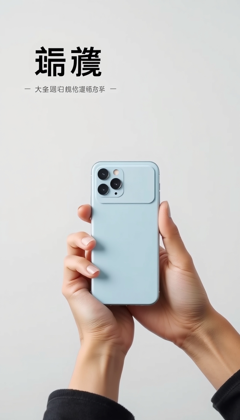 A marketing image showing a person holding a light blue smartphone with a rectangular attachment on the back. The phone has three camera lenses in the upper corner. The background is minimalist and light gray, creating a clean and modern aesthetic. Chinese characters on the upper left suggest a product feature. The person's hands, slightly tan, hold the phone in a landscape orientation, as if taking a photo or video.