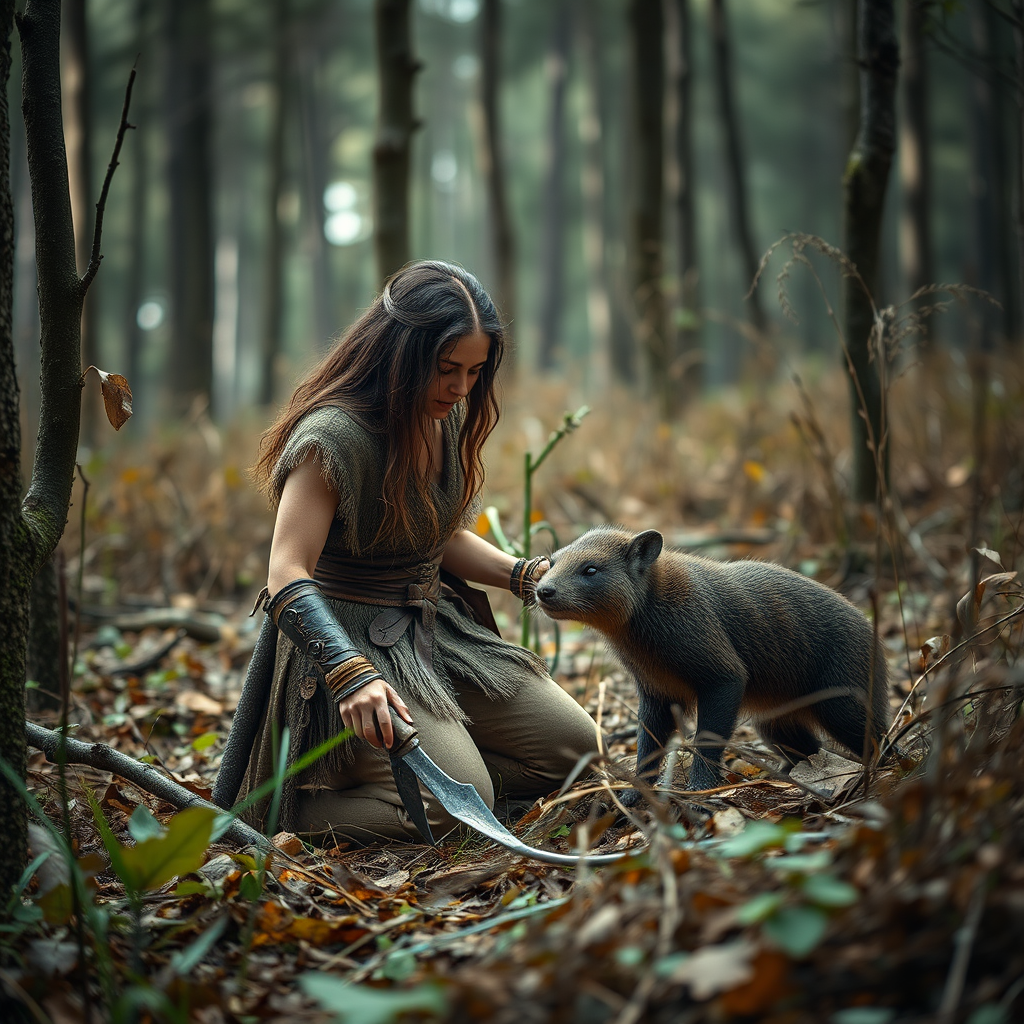 Real-life photography: In the forest, a female barbarian encounters a dangerous small animal. But it is invisible, and others cannot see it. - Image