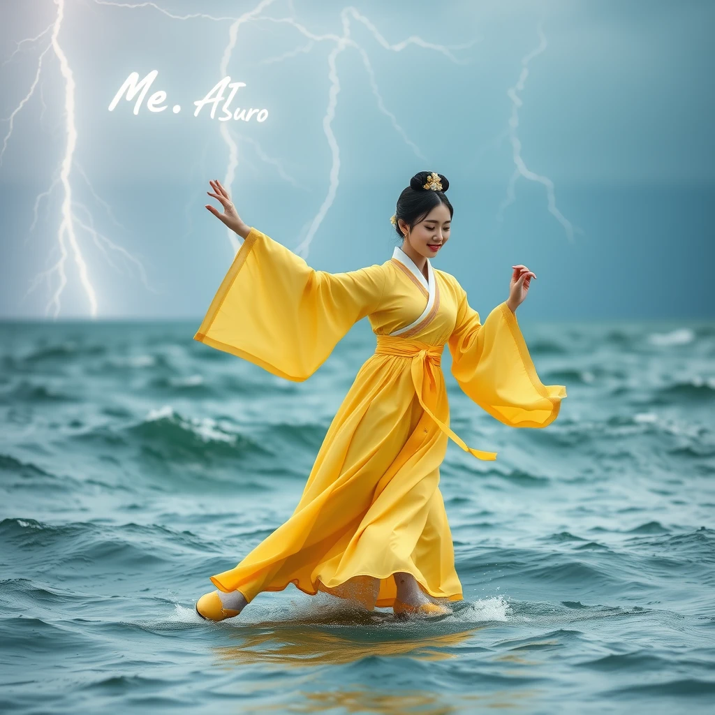 Korean woman dancing in yellow traditional costume. In the middle of a waving sea. Lightning and thunder, with the words "Mme. AI Suro" in the sky, dancing gracefully and nobly. Full shot, yellow traditional shoes, neatly tied black hair. White floral socks, agile movements. - Image