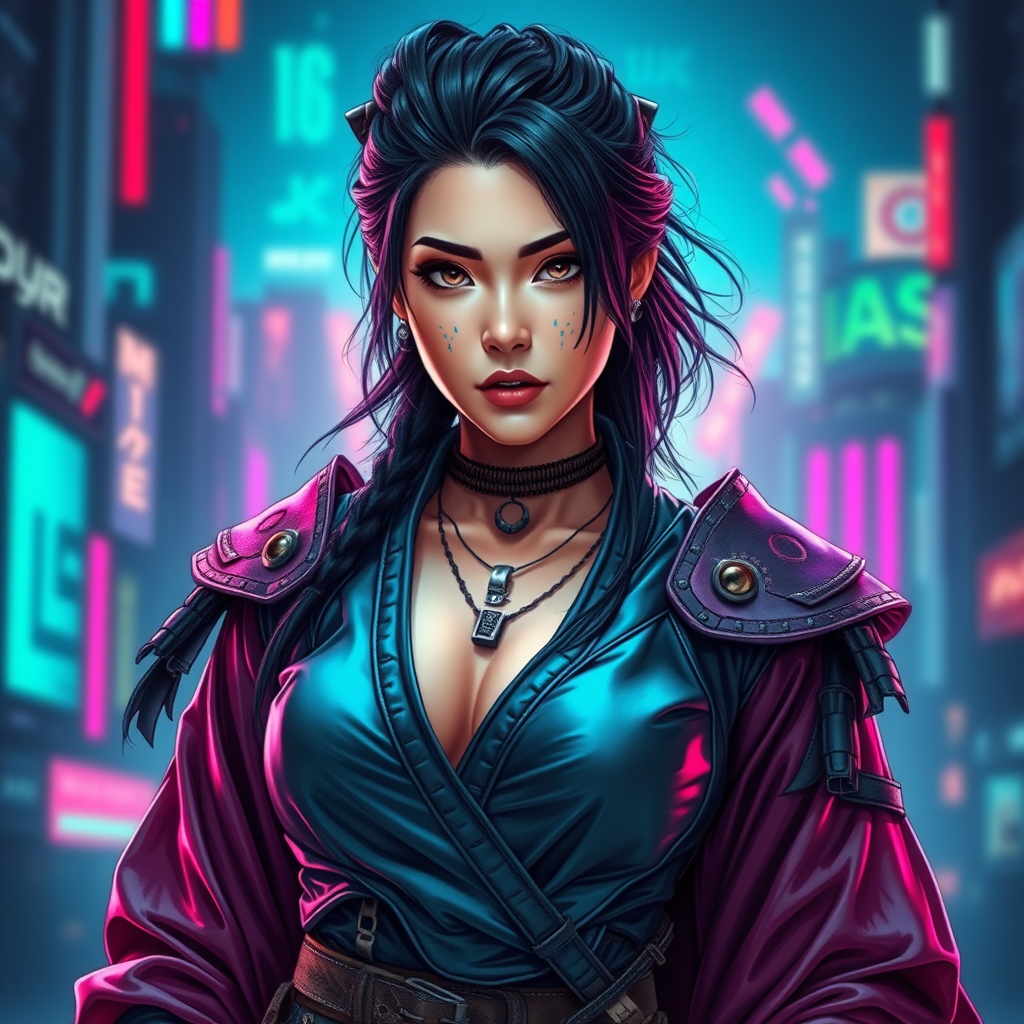 Cyber Samurai style of women warrior with rugged black hair and cybernetic implants | merging leather garments with futuristic cyberpunk elements | flowing robes and high-tech armor plating | dystopian cityscape background | in deep blue and neon green. hyper-real , 8k , AR , cute face style.